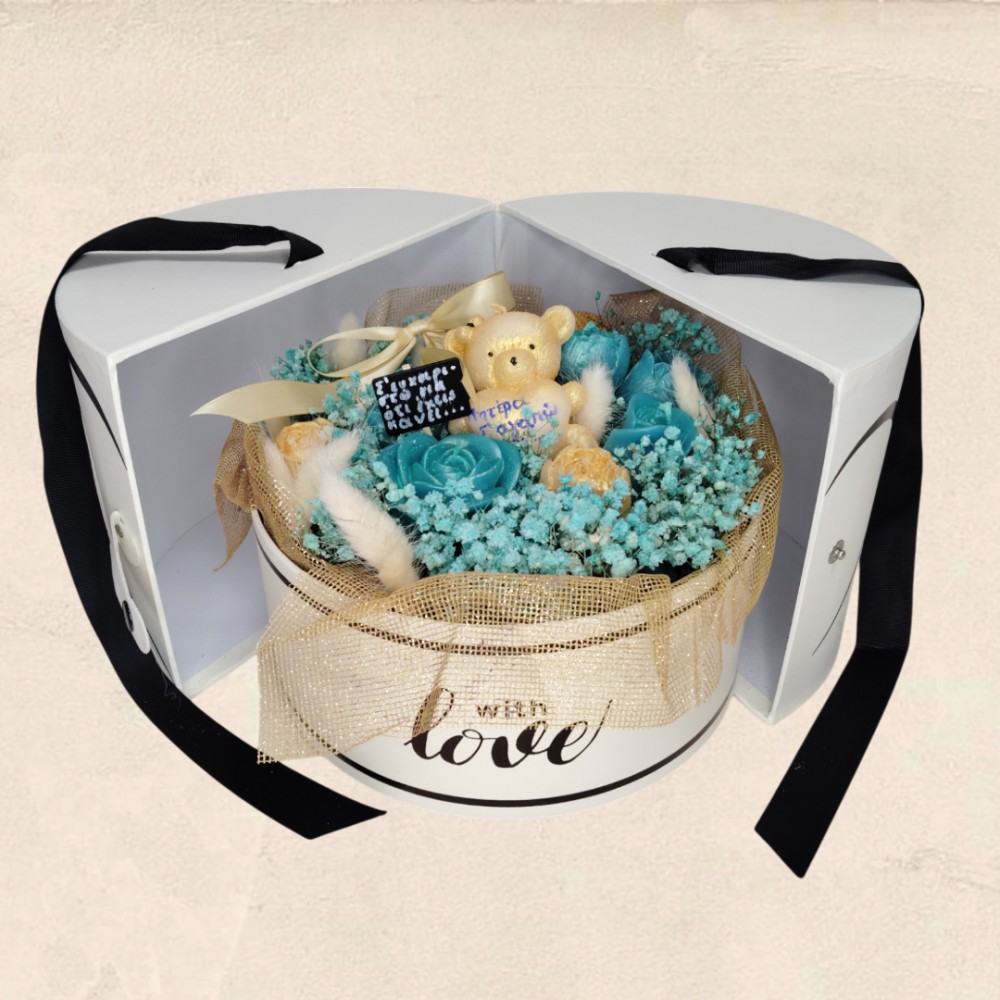 Flower Box με αρωματικά κεριά μαύρης ορχιδέας και αποξηραμένα άνθη σε πετρόλ αποχρώσεις