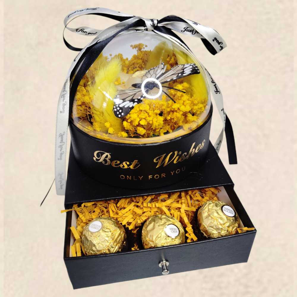 Flower Box με αρωματικό λουλούδι, αποξηραμένα άνθη και συρτάρι με γλυκές λιχουδιές